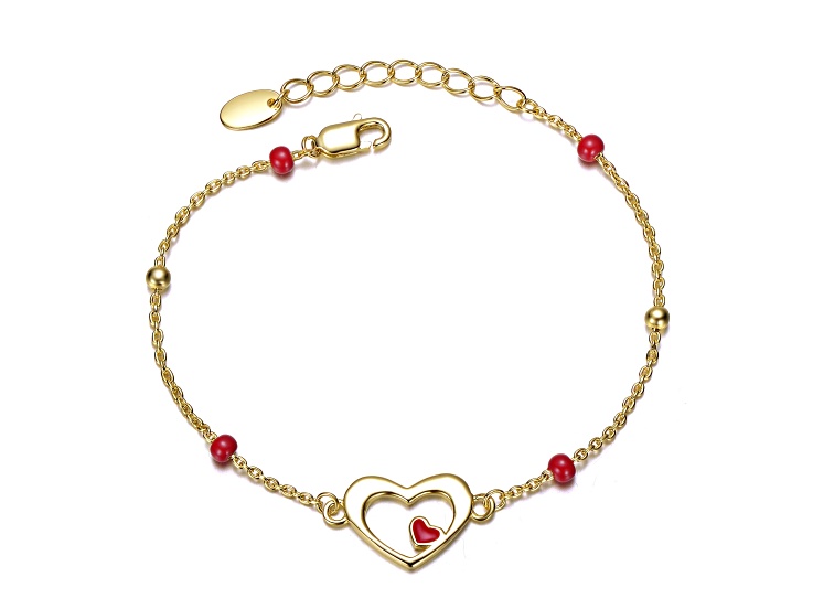 14K Gold Plated over Sterling Silver with Red and Silver Pearls Link Chain Bracelet for Kids