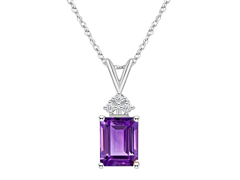 9x7mm Emerald Cut Amethyst 1/10 ctw Diamond 14k White Gold Pendant With Chain