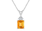 9x7mm Emerald Cut Citrine 1/10 ctw Diamond 14k White Gold Pendant With Chain