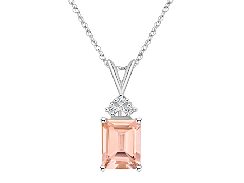 9x7mm Emerald Cut Morganite 1/10 ctw Diamond 14k White Gold Pendant With Chain