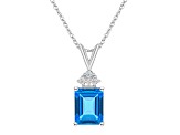 9x7mm Emerald Cut Blue Topaz 1/10 ctw Diamond 14k White Gold Pendant With Chain