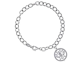 Judith Ripka Rhodium over Sterling Silver Textured Curb Chain Bracelet with Lotus Flower Charm