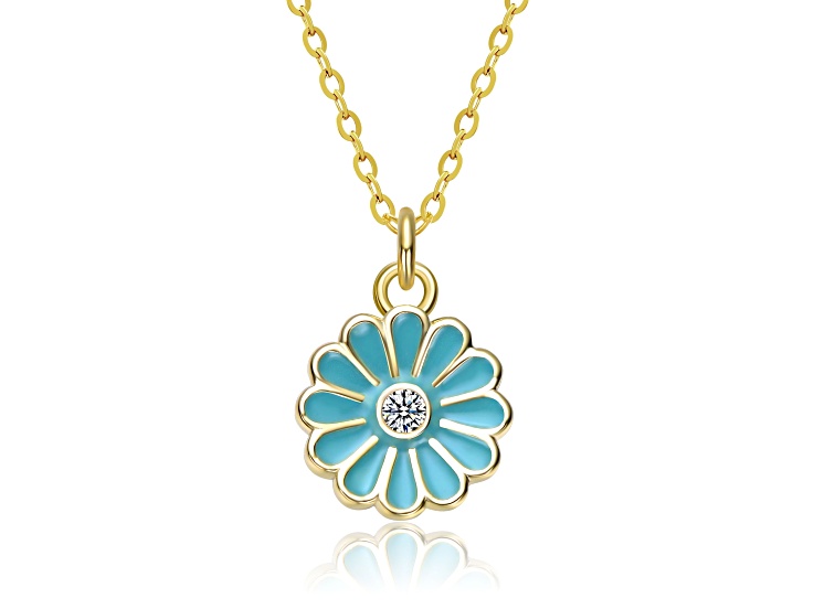 Cubic Zirconia, 14K Gold Plated over Sterling Silver Blue Enamel Flower Pendant Necklace for Kids