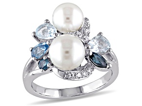 Freshwater Cultured Pearl, Blue Topaz and Created White Sapphire Cluster Ring in Sterling Silver