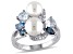 Freshwater Cultured Pearl, Blue Topaz and Created White Sapphire Cluster Ring in Sterling Silver