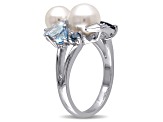 Freshwater Cultured Pearl, Blue Topaz and Created White Sapphire Cluster Ring in Sterling Silver