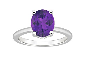 10x8mm Oval Amethyst With Diamond Accents Rhodium Over Sterling Silver Hidden Halo Ring