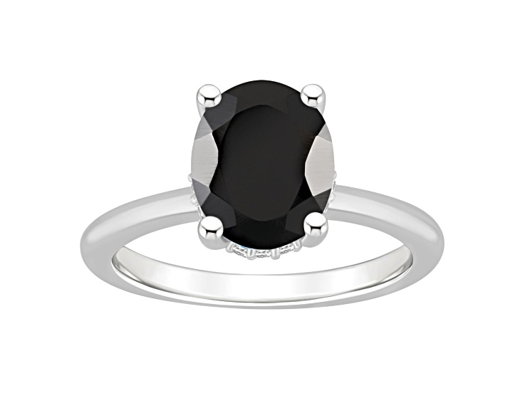 10x8mm Oval Black Onyx With Diamond Accents Rhodium Over