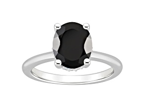 10x8mm Oval Black Onyx With Diamond Accents Rhodium Over Sterling Silver Hidden Halo Ring