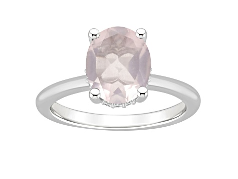 10x8mm Oval Rose Quartz With Diamond Accents Rhodium Over Sterling Silver Hidden Halo Ring