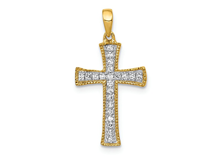 10k Yellow Gold and Rhodium Over 10k Yellow Gold 0.11 cttw Diamond Cross Pendant