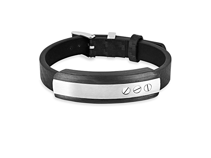 Mens Stainless Steel with Carbon Fiber and Black Leather Bar Bracelet