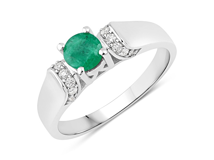 Round Zambian Green Emerald and Lab Grown Diamond Rhodium Over Silver Promise Ring 0.56ctw