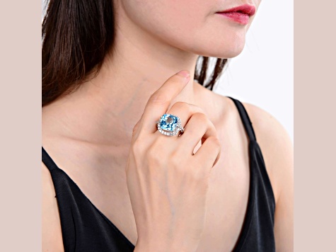 Blue and White Topaz Sterling Silver Halo Ring, 11.58ctw