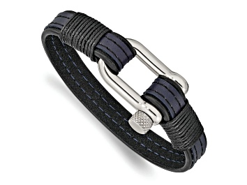 Picture of Black and Blue Leather Stainless Steel Polished 8.25-inch Shackle Bracelet