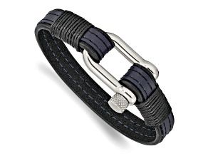 Black and Blue Leather Stainless Steel Polished 8.25-inch Shackle Bracelet
