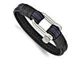 Black and Blue Leather Stainless Steel Polished 8.25-inch Shackle Bracelet