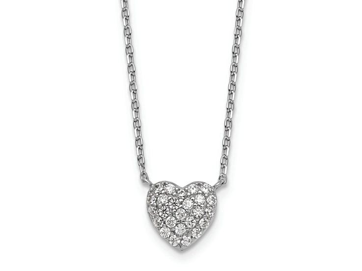 Rhodium Over Sterling Silver Polished Cubic Zirconia Heart 16-inch with 2-inch Extension Necklace