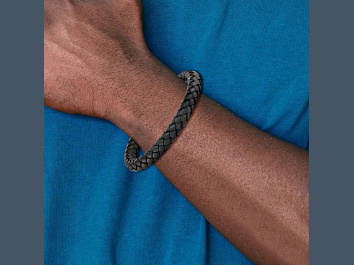Picture of Black Braided Leather and Stainless Steel Brushed 8.25-inch Bracelet