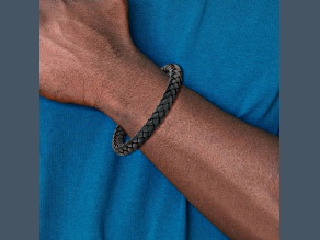 Black Braided Leather and Stainless Steel Brushed 8.25-inch Bracelet