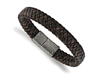 Picture of Brown Braided Leather and Stainless Steel Brushed 8.25-inch Bracelet