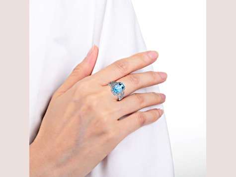 Blue and White Topaz Sterling Silver Halo with Split Shank Cocktail Ring, 9.33ctw