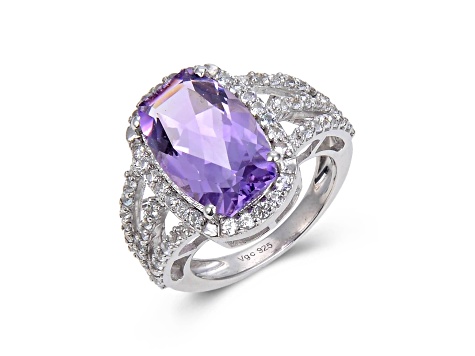 Amethyst and White Topaz Sterling Silver Halo with Split Shank Cocktail Ring, 6.58ctw