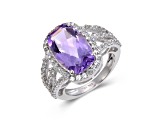 Amethyst and White Topaz Sterling Silver Halo with Split Shank Cocktail Ring, 6.58ctw