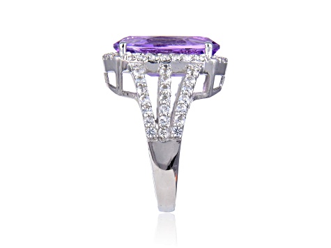 Amethyst and White Topaz Sterling Silver Halo with Split Shank Cocktail Ring, 6.58ctw