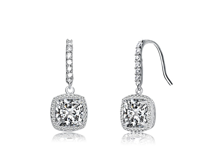 Clear Cubic Zirconia, Rhodium Plated over Brass Square Drop Earring