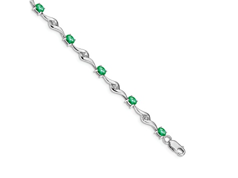 Rhodium Over 14k White Gold White Sapphire and Emerald Gemstone Bracelet