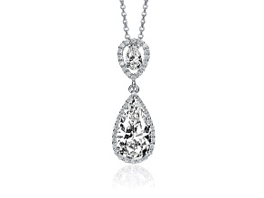 Clear Cubic Zirconia, Rhodium Plated Over Sterling Silver Halo Drop Necklace