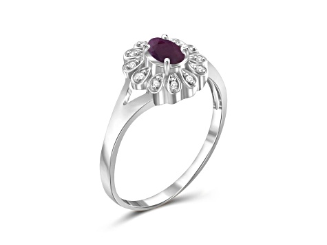 Red Ruby with White Diamond Accent Rhodium Over Sterling Silver Ring 0.44ctw