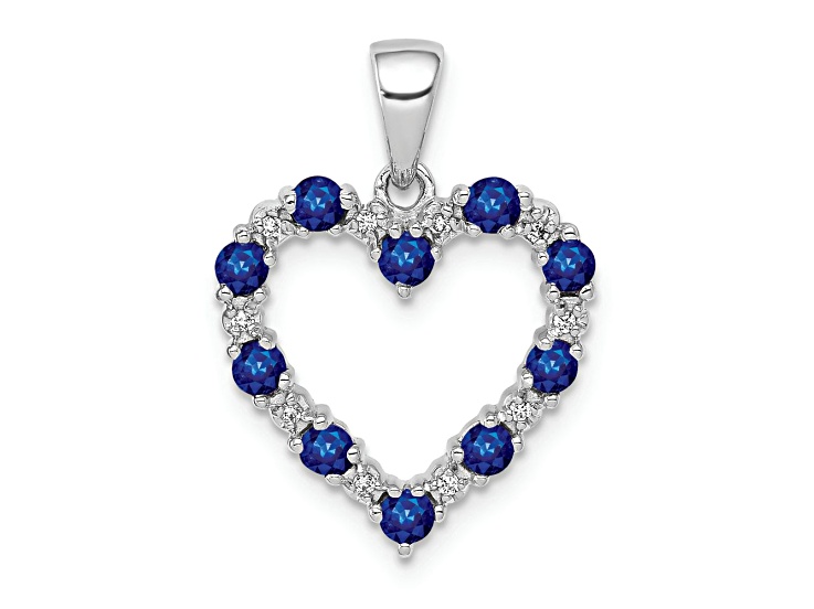 Rhodium Over 14k White Gold Diamond and Sapphire Heart Pendant
