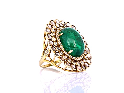 14.65 Ctw Emerald and 3.87 Ctw White Diamond Ring in 14K YG