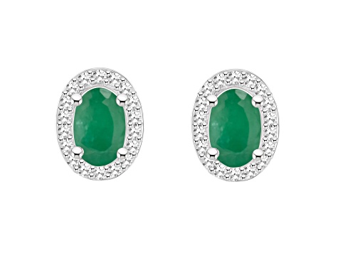 6x4mm Oval Emerald 1/6 ctw Diamond Rhodium Over Sterling Silver Halo Stud Earrings