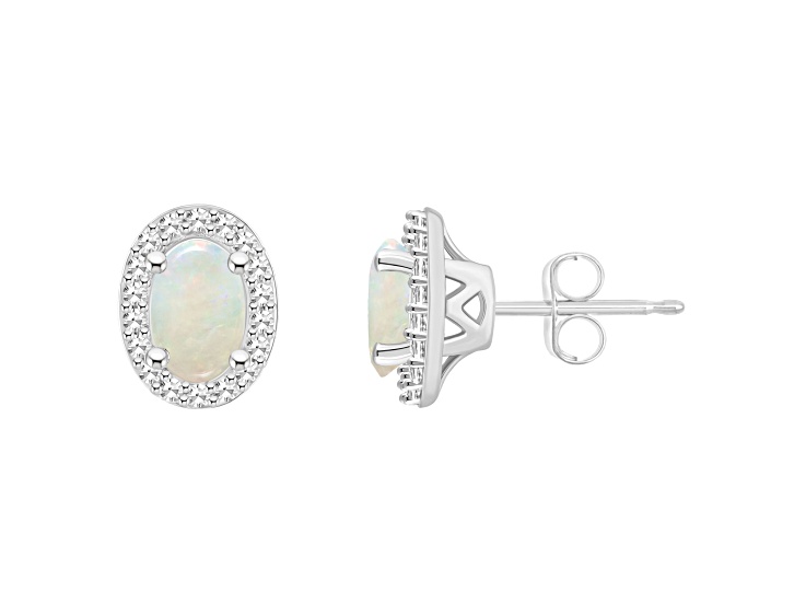 6x4mm Oval Opal 1/6 ctw Diamond Rhodium Over Sterling Silver Halo Stud Earrings