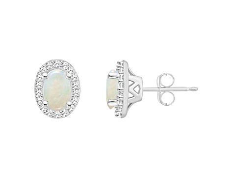 6x4mm Oval Opal 1/6 ctw Diamond Rhodium Over Sterling Silver Halo Stud Earrings