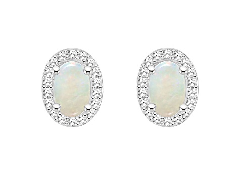 6x4mm Oval Opal 1/6 ctw Diamond Rhodium Over Sterling Silver Halo Stud Earrings