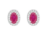 6x4mm Oval Ruby 1/6 ctw Diamond Rhodium Over Sterling Silver Halo Stud Earrings