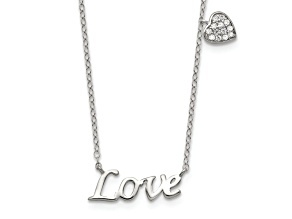 Rhodium Over Sterling Silver Polished LOVE with Cubic Zirconia Heart Necklace