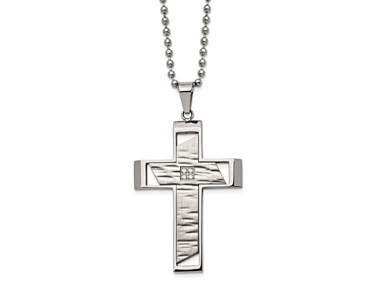 White Cubic Zirconia Stainless Steel Brushed Men's Cross Pendant With Chain