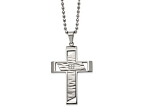 White Cubic Zirconia Stainless Steel Brushed Men's Cross Pendant With Chain