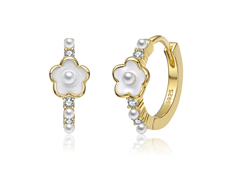 Pearl & Clear Cubic Zirconia, 14K Gold Plated over Brass Flower Design Hoop Earrings for Kids