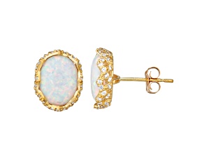 Oval Lab Created Opal 10K Yellow Gold Stud Earrings 2.65ctw