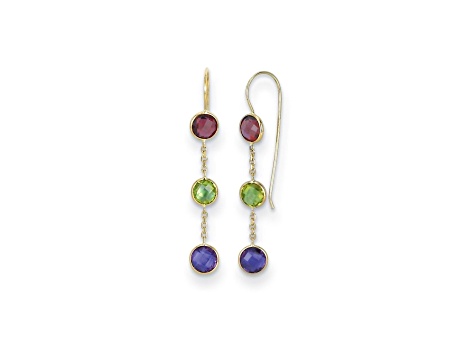 14K Yellow Gold Garnet, Peridot, and Amethyst Dangle Earrings