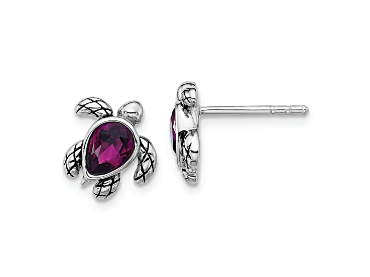 Rhodium Over Sterling Silver Antiqued Crystal February Birthstone Turtle Earrings