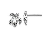 Rhodium Over Sterling Silver Antiqued Crystal April Birthstone Turtle Earrings