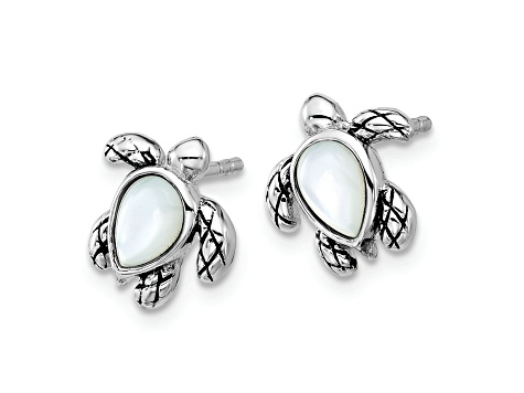 Rhodium Over Sterling Silver Antiqued Mother of Pearl June Birthstone Turtle Earrings