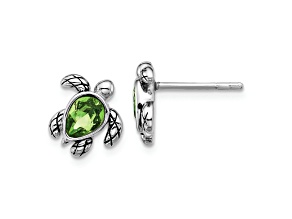 Rhodium Over Sterling Silver Antiqued Crystal August Birthstone Turtle Earrings